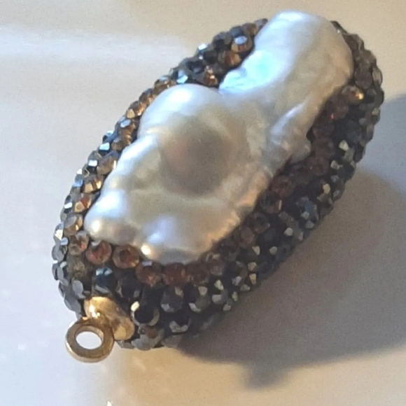 Genuine Two Sided Baroque Biwa Freshwater Pearl 14k Chain Yellow & Black Stones - Picture 3 of 5